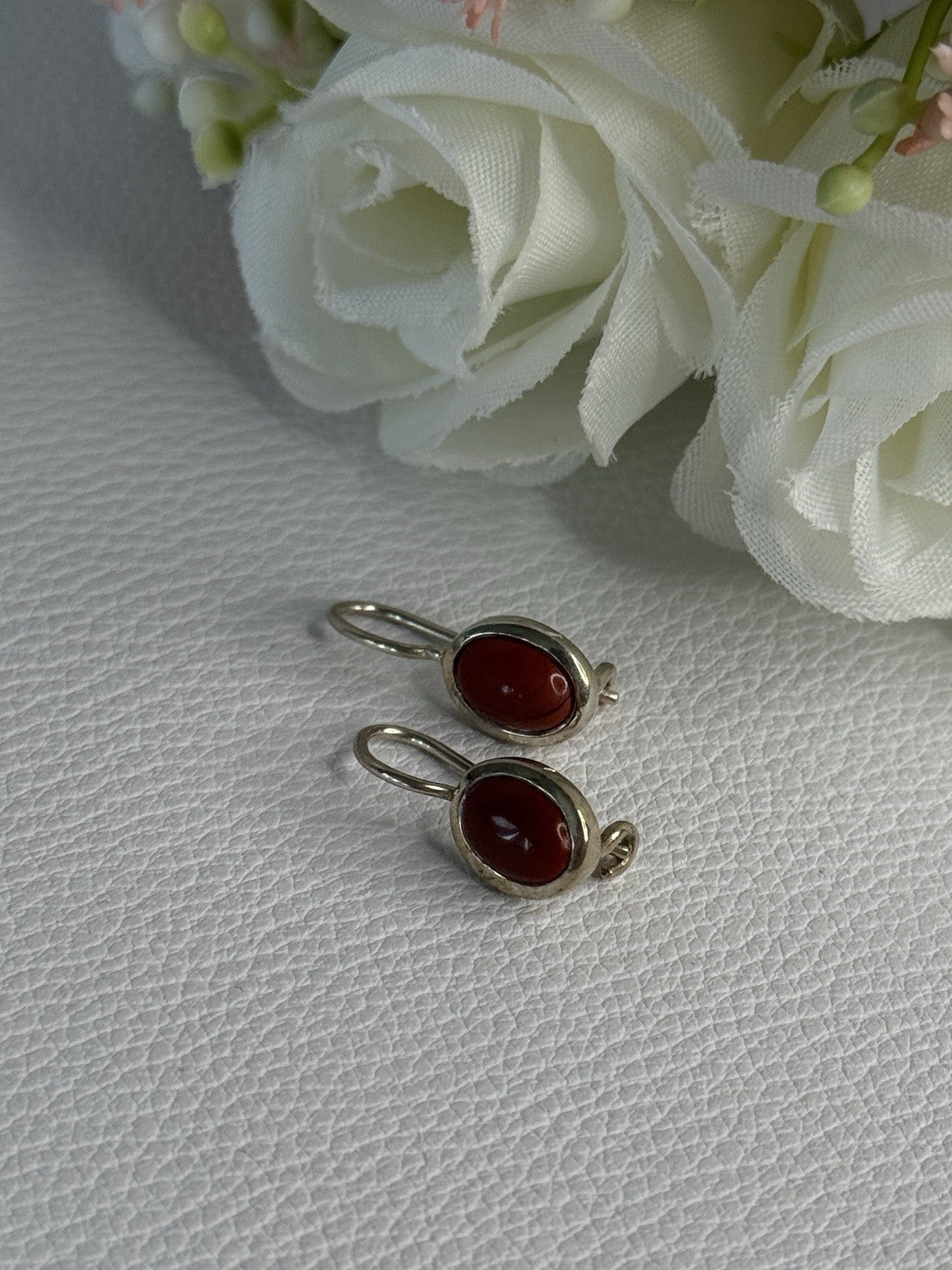 925 Sterling Silver Carnelian Earrings Length 0.70 Inch