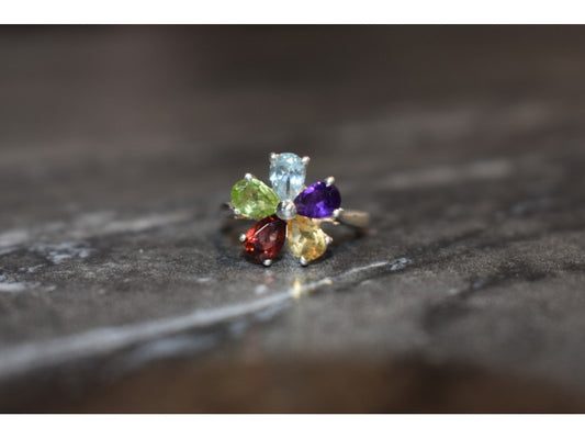 925 Sterling Silver Multi Gemstones "Flower" Ring Size 6.5