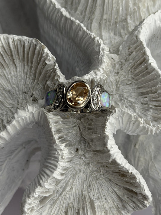 925 Sterling Silver Citrine & Opal & Beryl Ring Size 7
