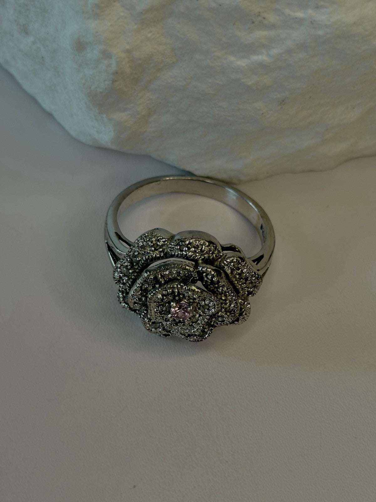 Sparkling Floral 925 Sterling Silver Pink & Clear Sapphire Stones Ring Size 11