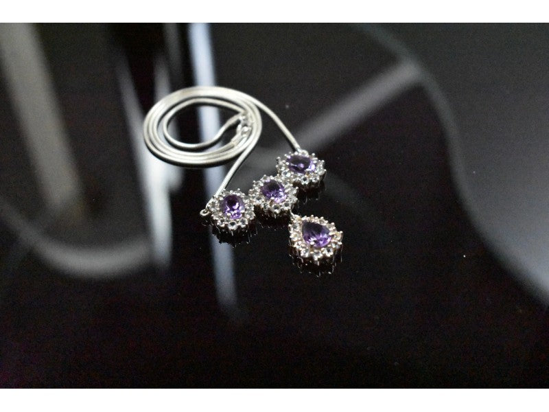 925 Sterling Silver Purple Tourmaline & Colorless Spinel Necklace Italy