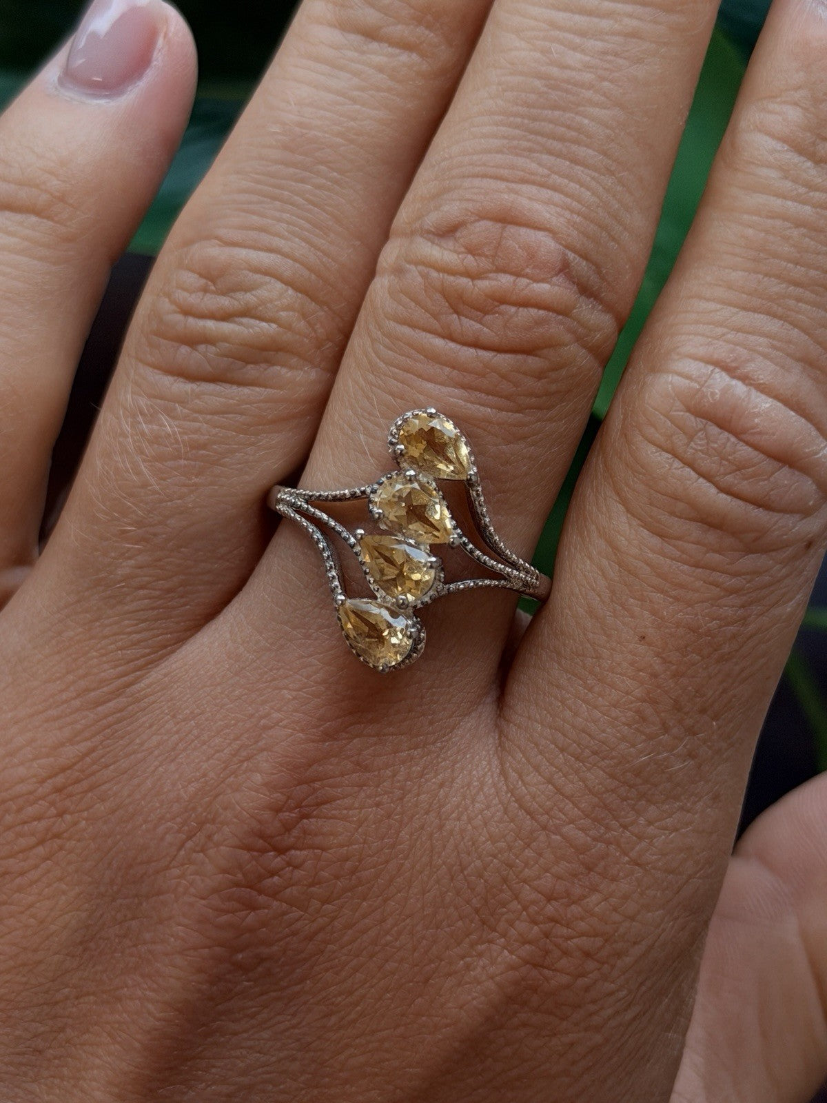 925 Sterling Silver Pear Cut 4 Stones Yellow Citrine Ring Size 10