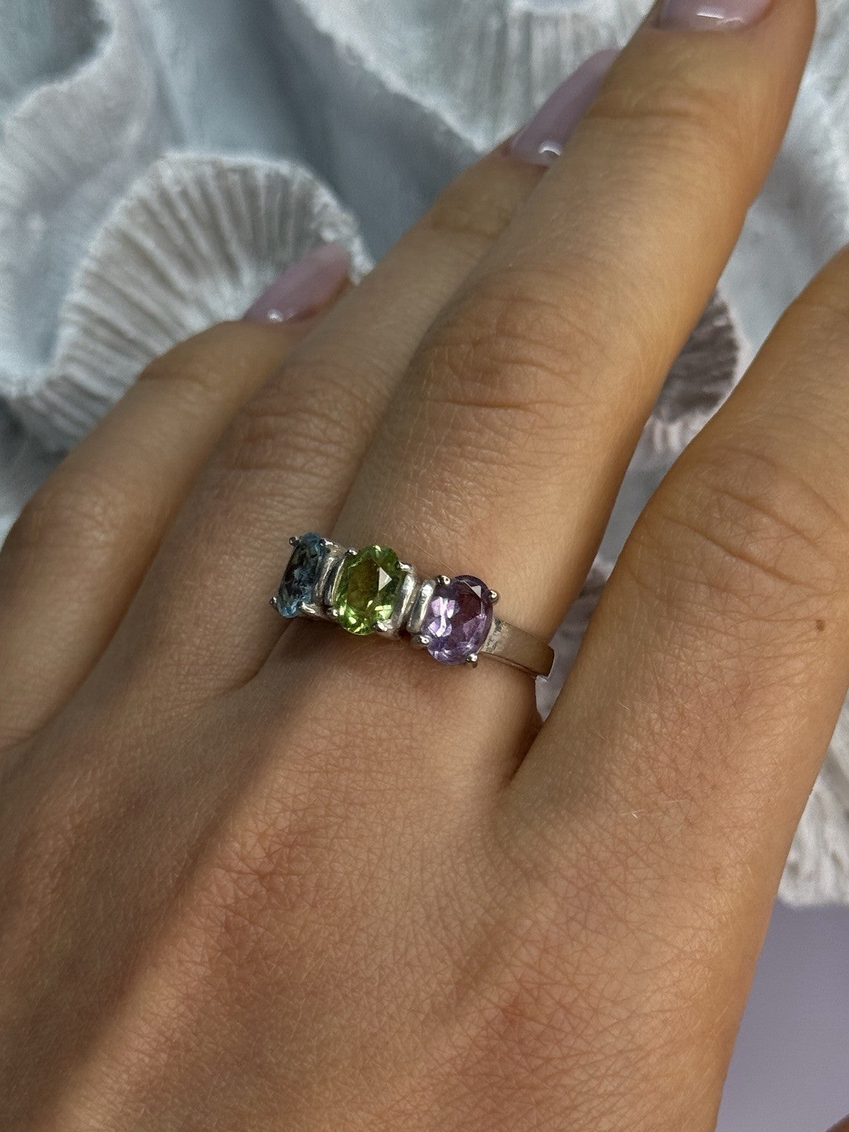 925 Sterling Silver Topaz Peridot Amethyst Ring Size 8.5