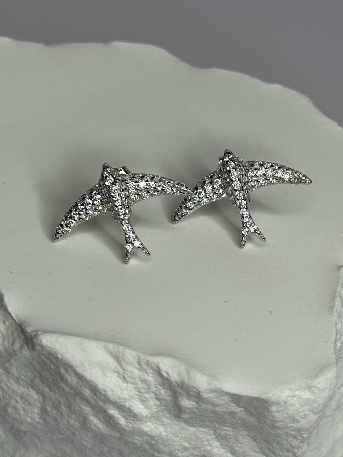 925 Sterling Silver Swallow Stud Earrings CZ Length 0.55 Inch