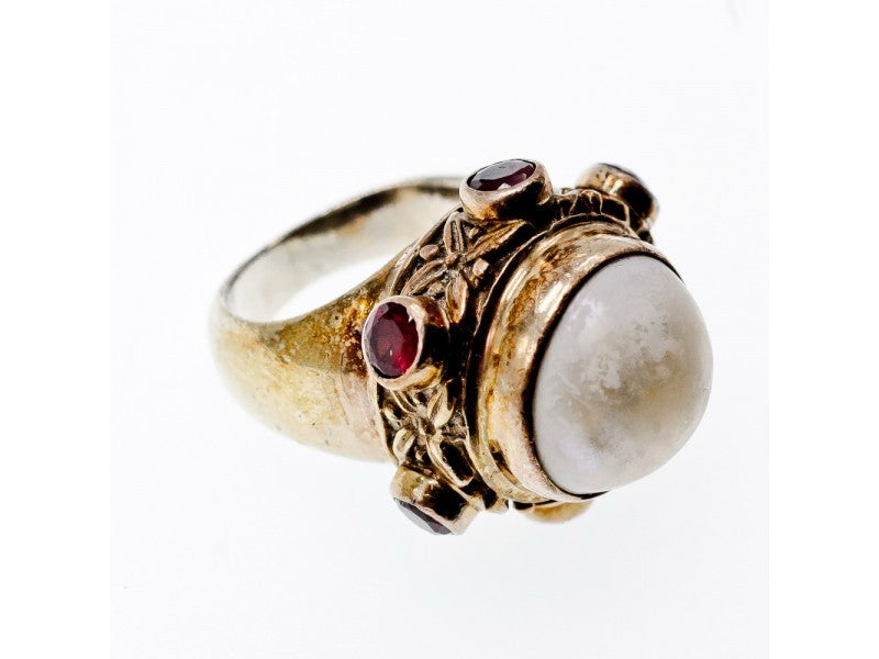 Vintage 925 Sterling Silver Mother of Pearl & Garnet Ring Size 6.5