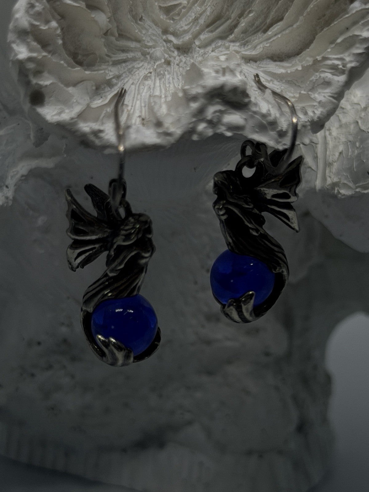 Vintage 925 Sterling Silver Fairy Blue Glass Orb Dangle Earrings Art Nouveau