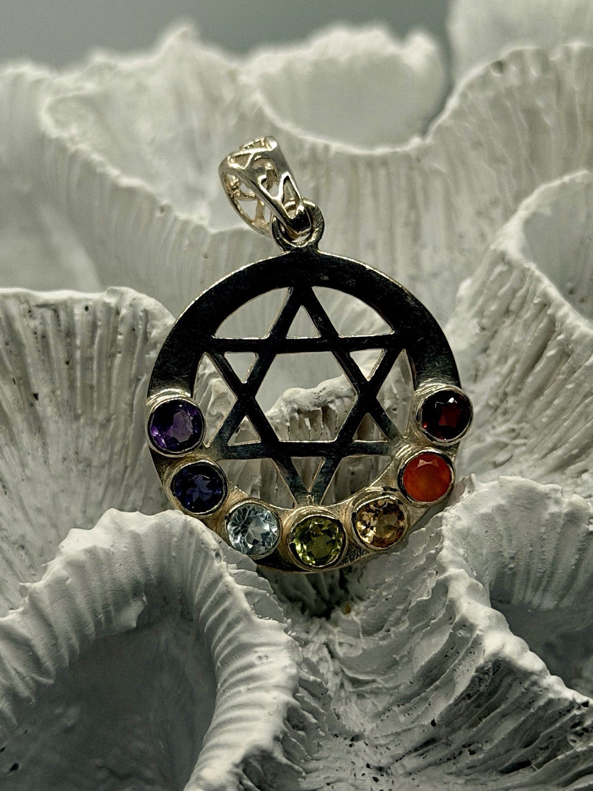 Vintage Sterling Silver Star of David Pendant with Multicolor Gemstones Judaica