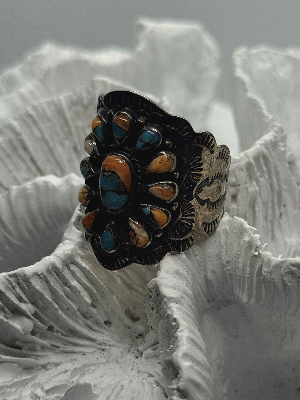 Southwestern Floral 925 Sterling Silver Turquoise Spiny Oyster Ring Size 8