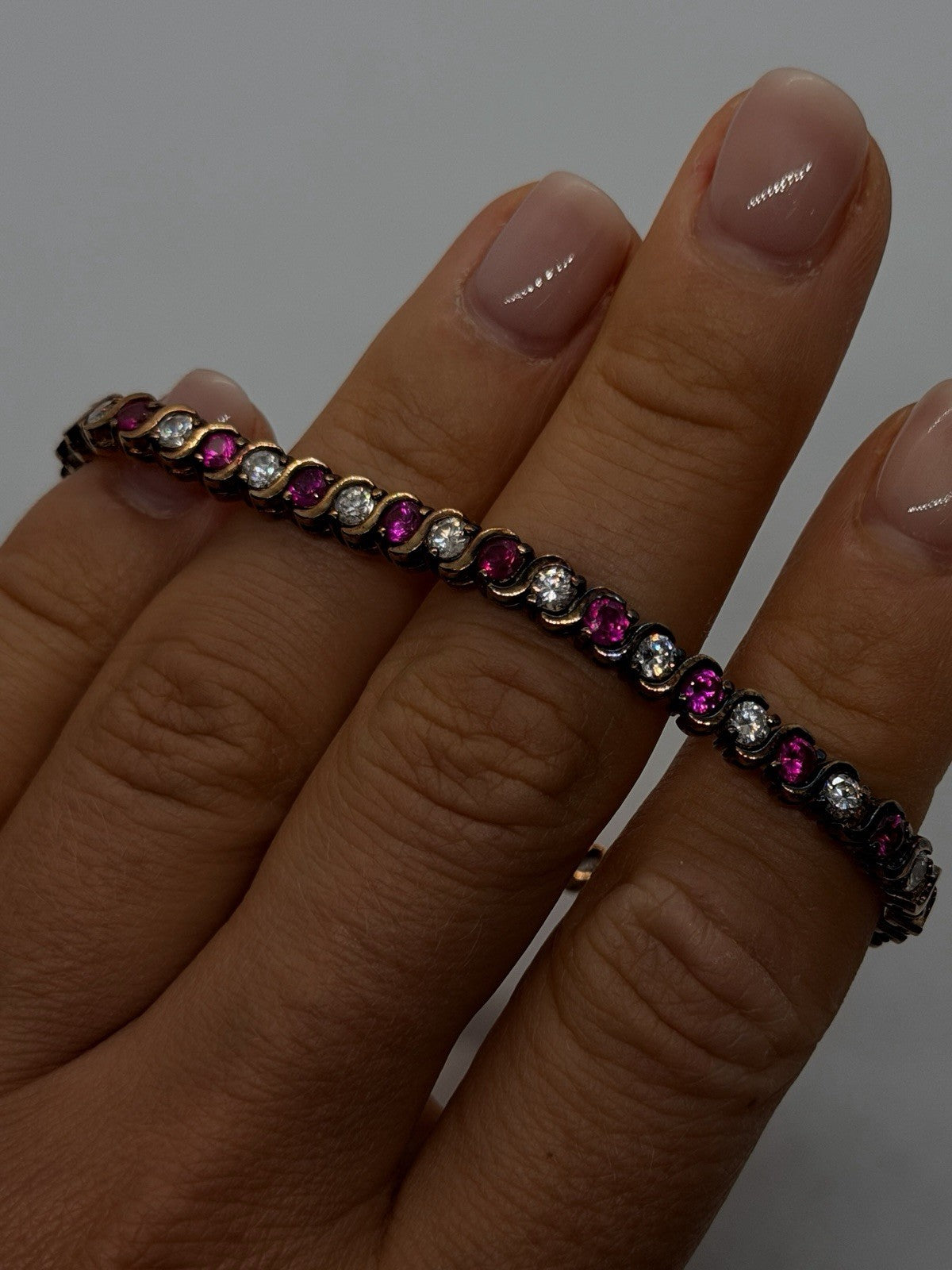925 Sterling Silver Gold Plated Pink & White Topaz Bracelet Size 7.5