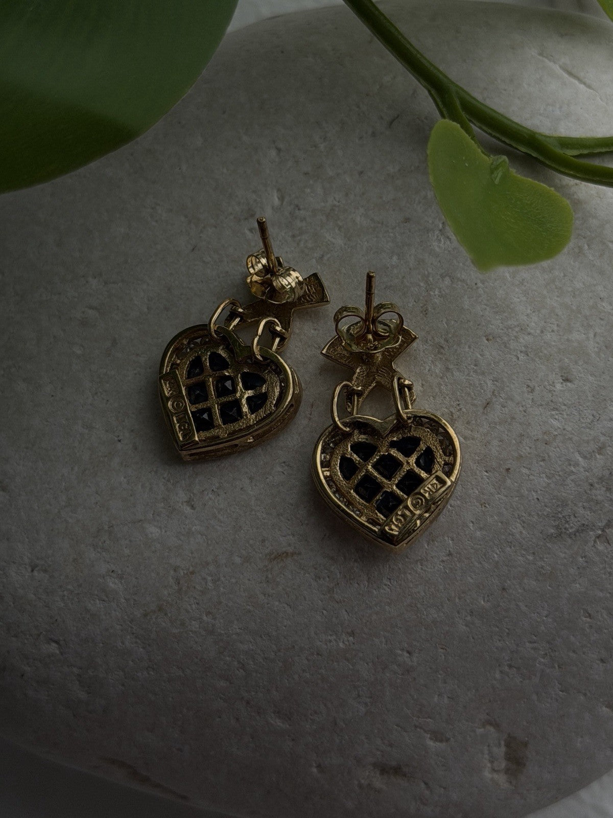 Romantic 14K Yellow Gold Heart Sapphire & Diamond Earrings