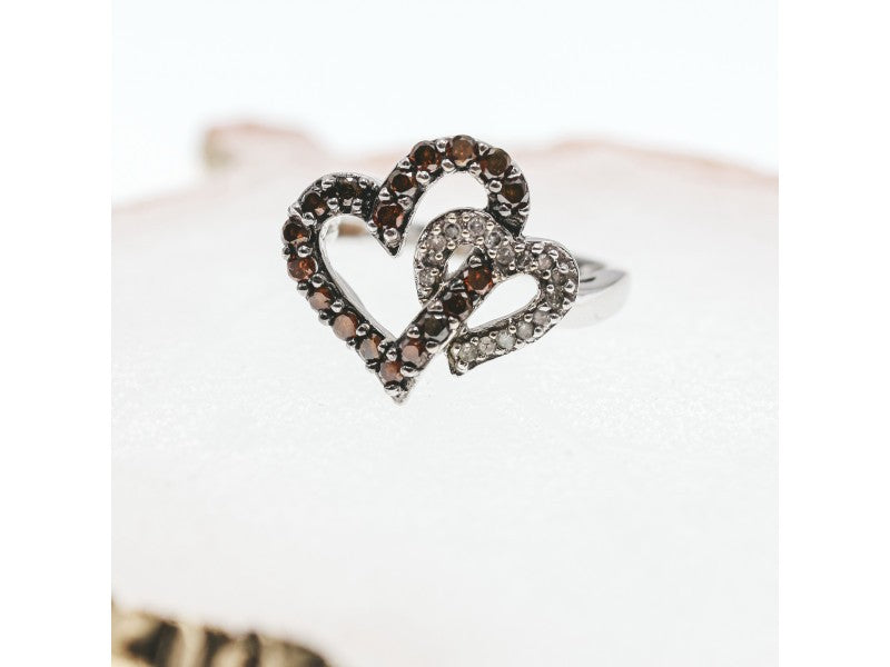 10K White Gold Hessonite & Diamonds "Hearts" Ring Size 7