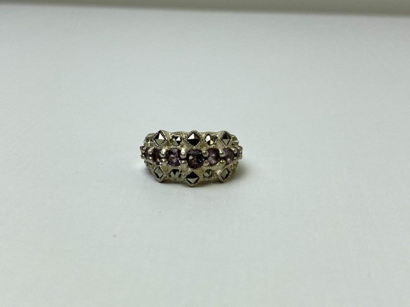 925 Sterling Silver Iolite & Marcasite Ring Size 6.5