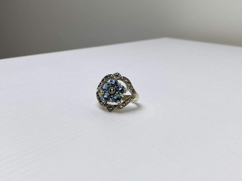 925 Sterling Silver Blue Topaz & Marcasites Ring Size 8
