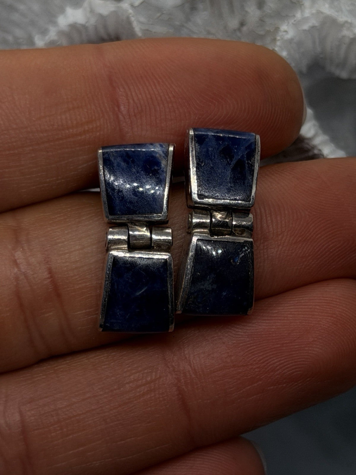 Modernist Design 925 Sterling Silver Sodalite Geometric Hinged Drop Earrings