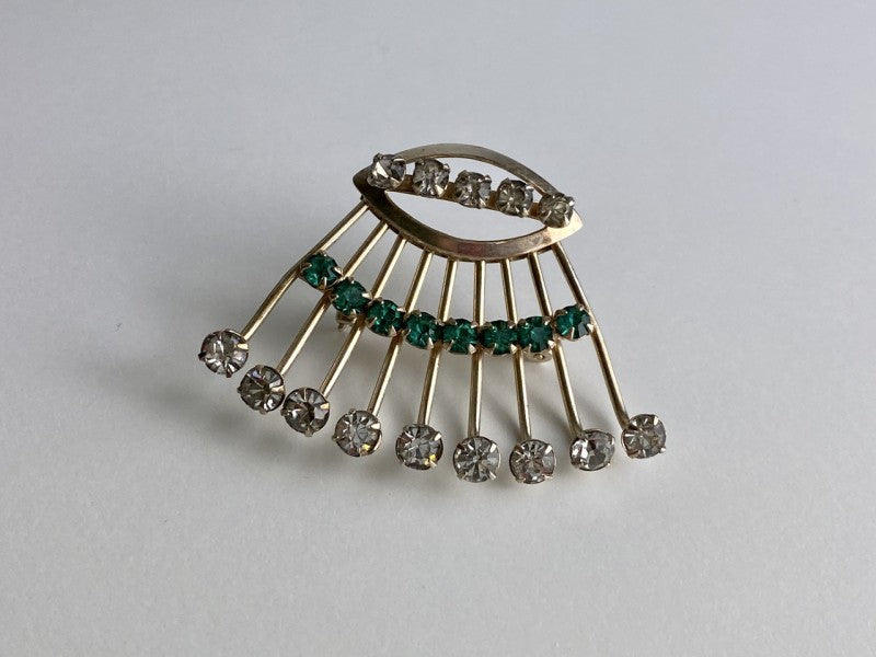 Vintage 925 Sterling Silver White & Green Jewelry Glass "Fan" Brooch