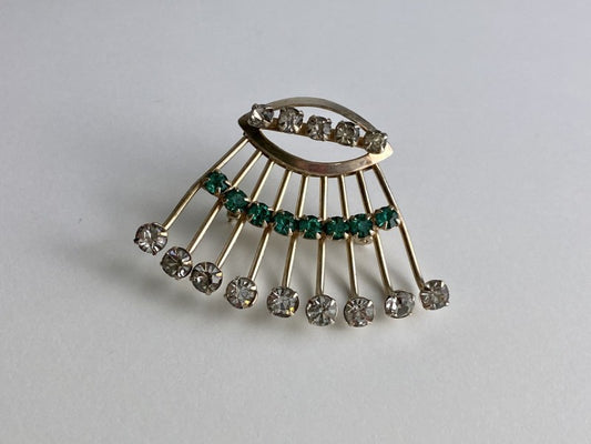 Vintage 925 Sterling Silver White & Green Jewelry Glass "Fan" Brooch