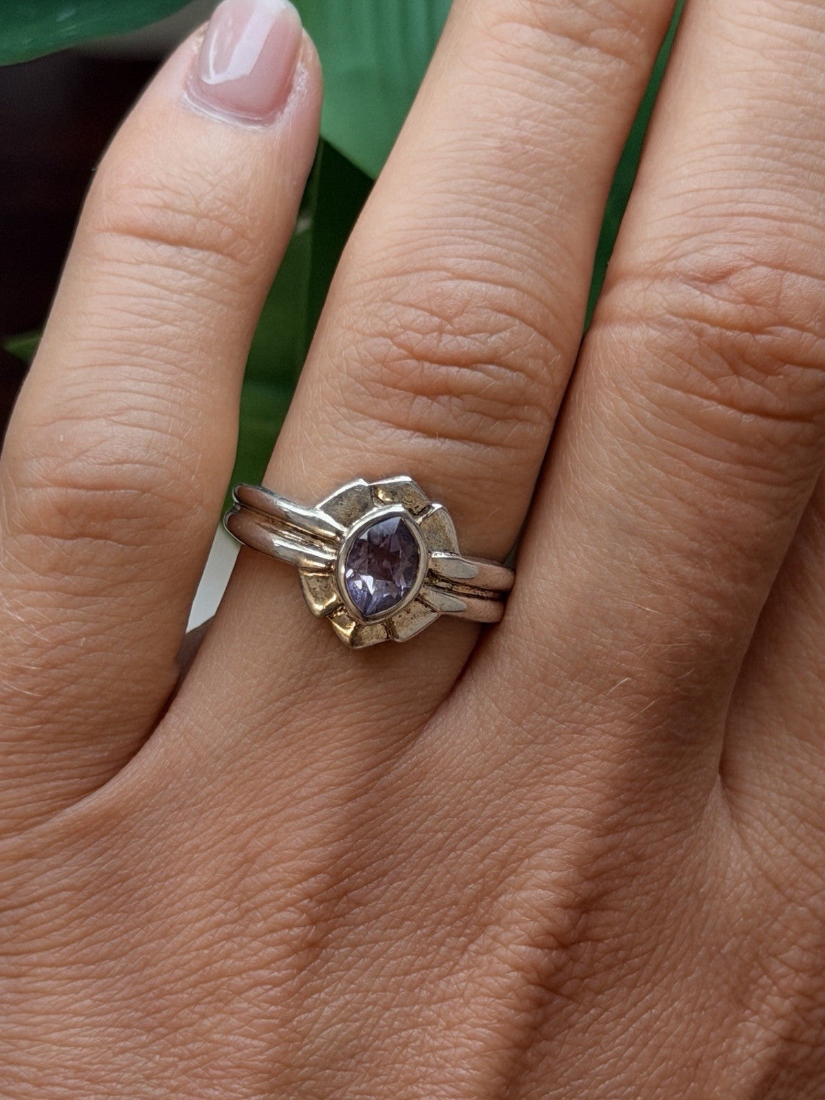 925 Sterling Silver Marquise Cut Art Deco Purple Amethyst Ring Size 8