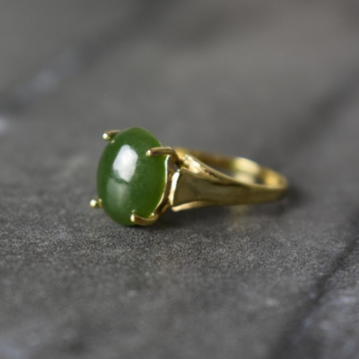 925 Sterling Silver Gold Plated Green Jade Ring Size 6.5