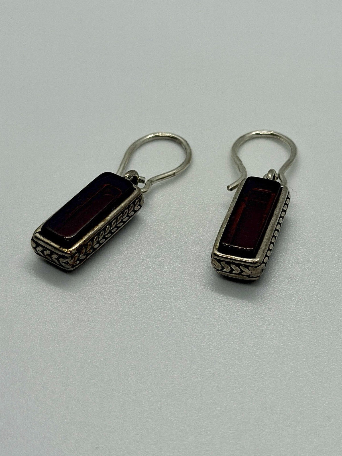 Vintage 925 Sterling Silver Red Garnet Double-Sided Dangle Earrings