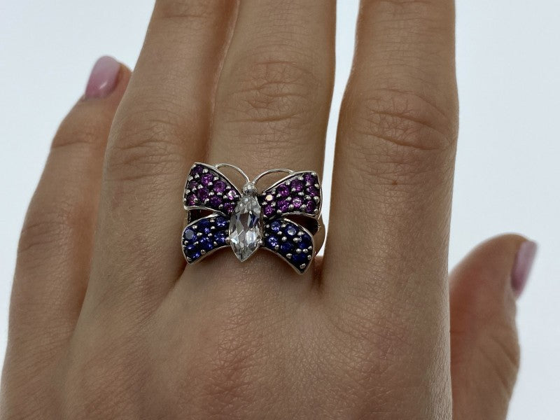 925 Sterling Silver White Topaz, Spinel & Tourmaline "Butterfly" Ring Size 8.5