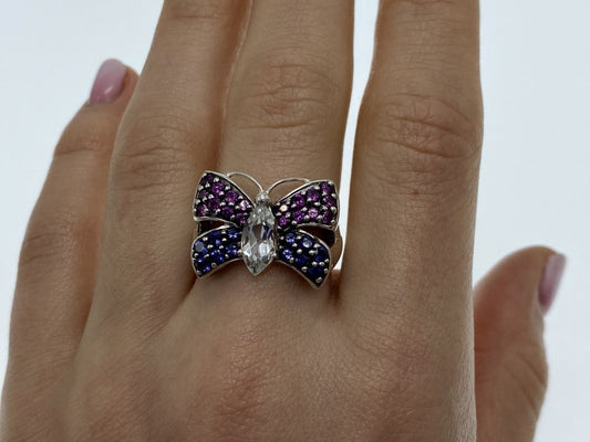 925 Sterling Silver White Topaz, Spinel & Tourmaline "Butterfly" Ring Size 8.5