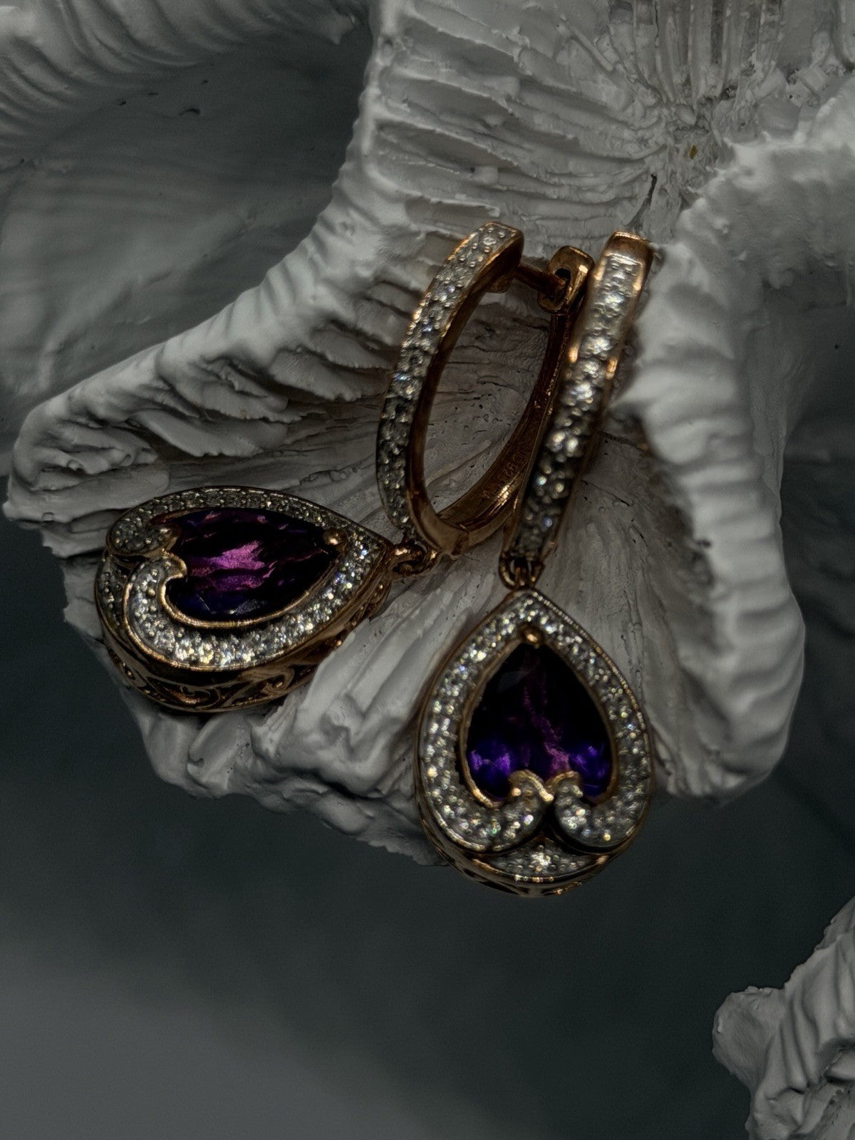 Rose Gold Plated Elegant 925 Sterling Silver Purple Amethyst & Beryl Earrings