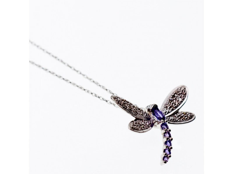10K White Gold Tourmaline & Diamonds Dragonfly Necklace & Pendant