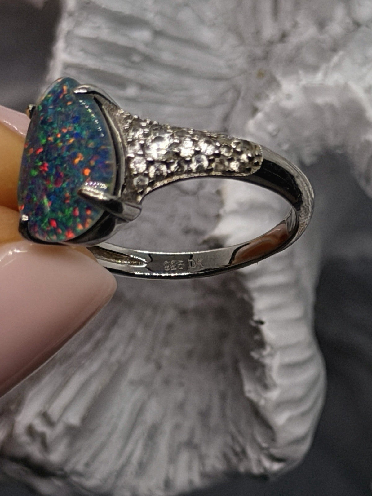 925 Sterling Silver Pear-Shaped Opal & Beryl Ring Size 6