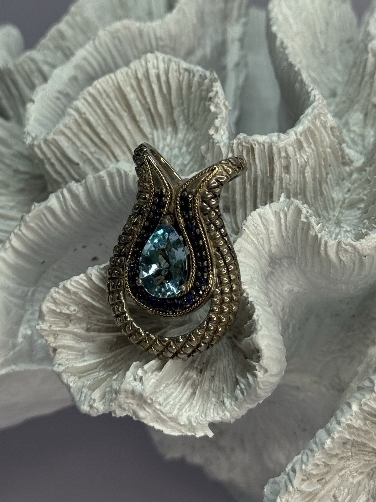 925 Sterling Silver 18k Yellow Gold Topaz & Sapphire Pendant Length 1.3 Inch