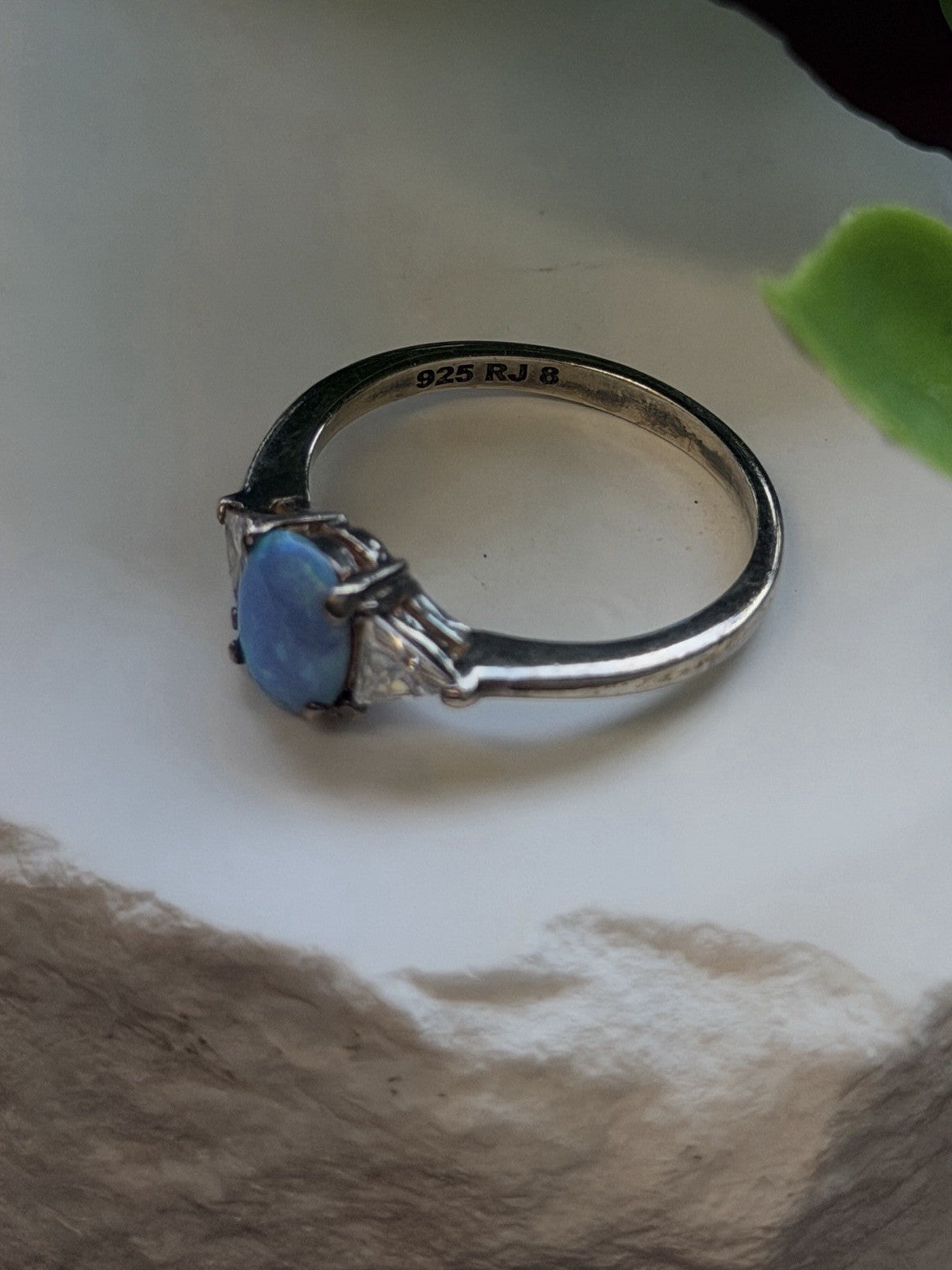 925 Sterling Silver Oval Blue Opal & White Beryl Tree-Stone Ring Size 8