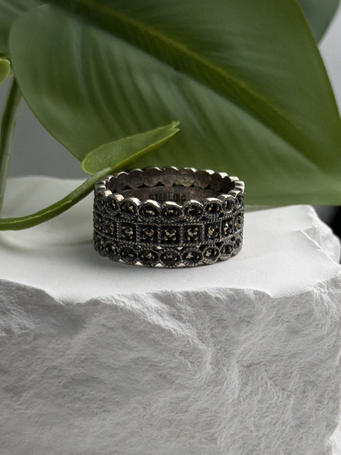 Vintage Art Deco Style 925 Sterling Silver Marcasite Band Ring Size 9