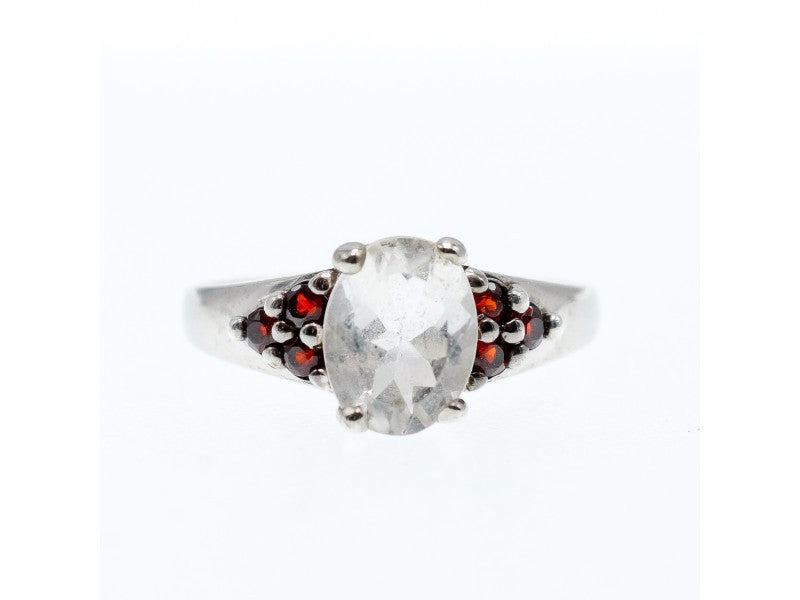 925 Sterling Silver Goshenite & Garnet Ring Size 8
