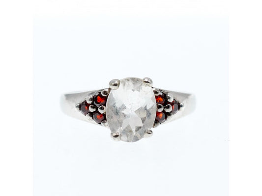 925 Sterling Silver Goshenite & Garnet Ring Size 8