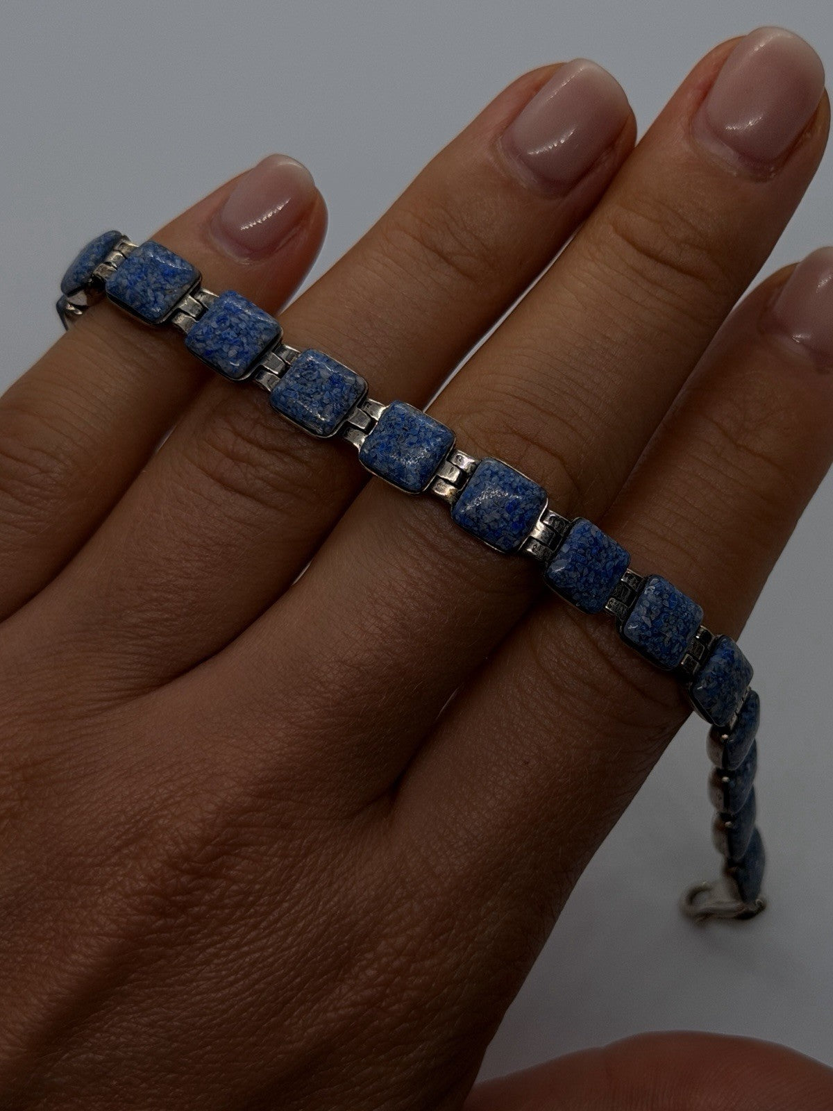 Geometric Southwestern 925 Sterling Silver Lapis Lazuli Square Link Bracelet 7.5
