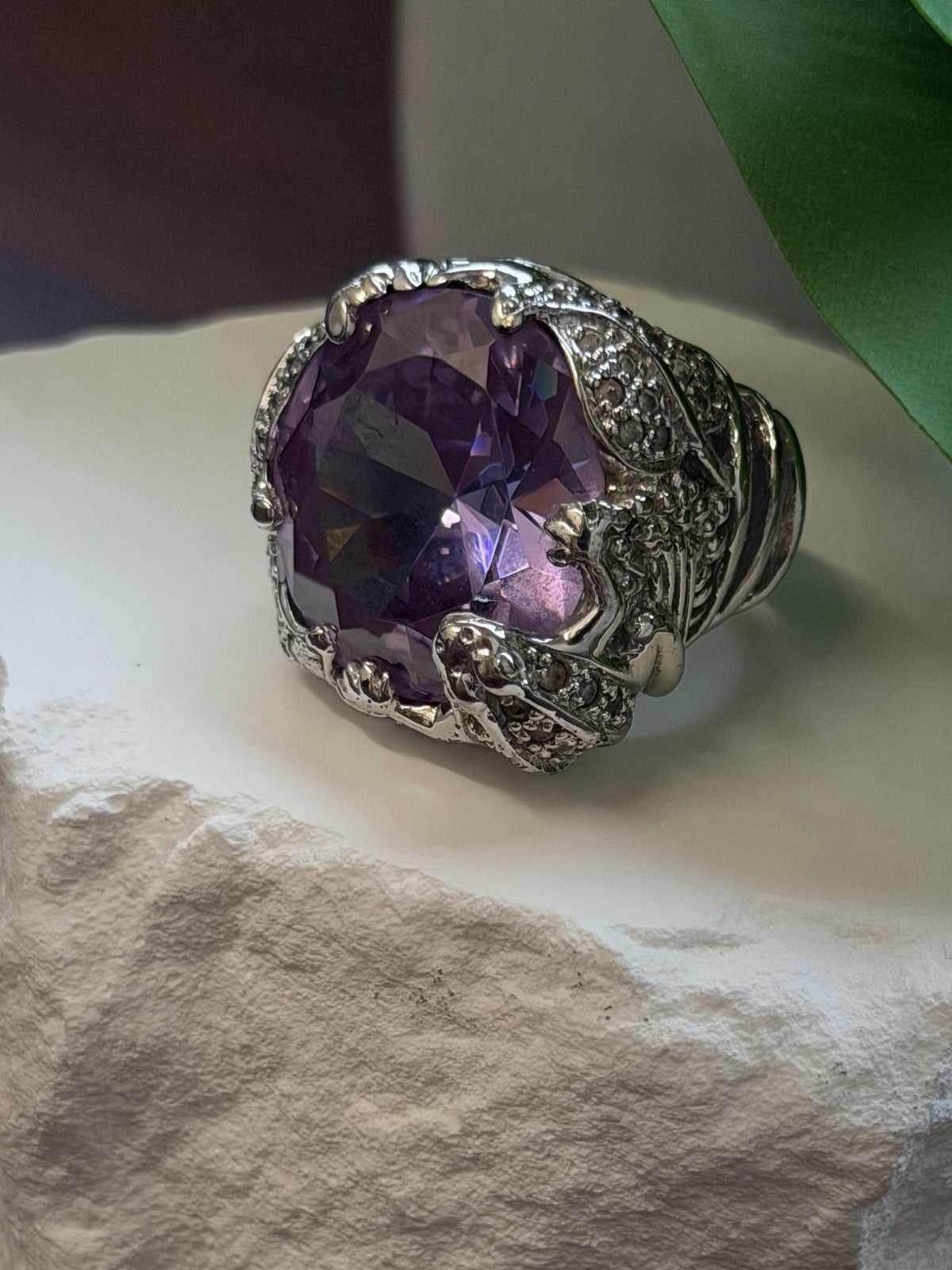 925 Sterling Silver Frog Ring Large Purple Amethyst & White Clear Beryl Size 7