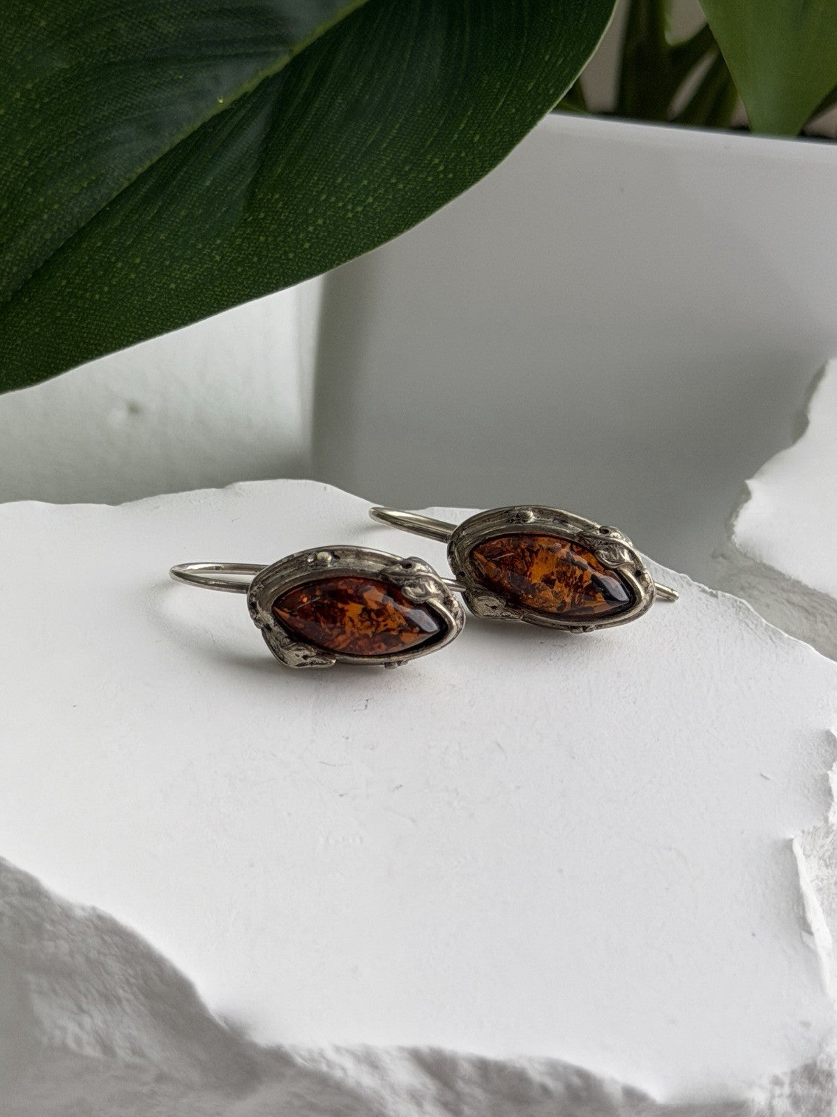 Vintage 925 Sterling Silver Amber Earrings