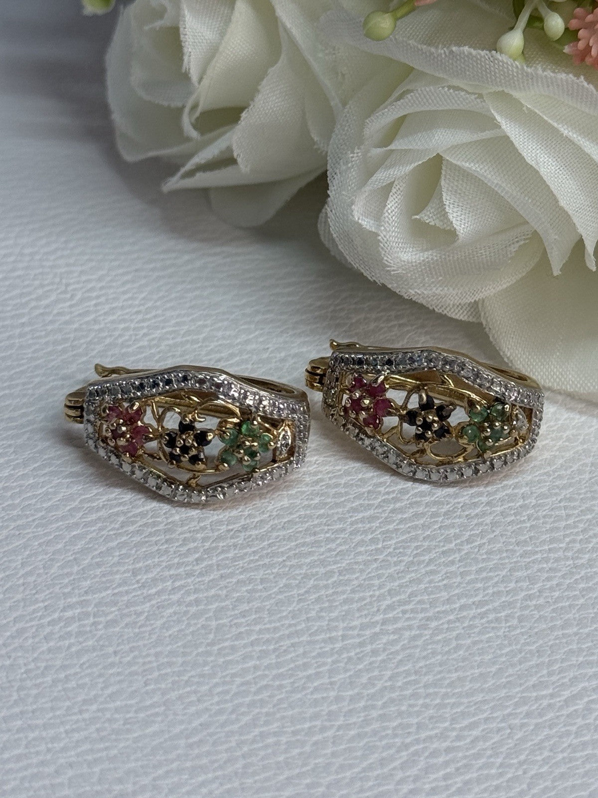 925 Sterling Silver Gold Plated Ruby Sapphire Emerald Earrings Length 0.95 Inch