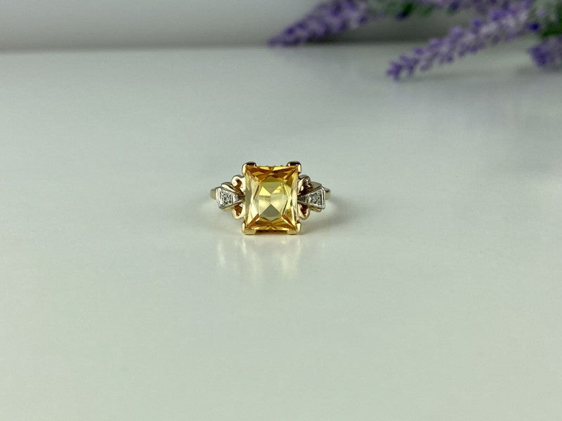 10K Yellow Gold Yellow Topaz & Diamonds Ring Size 9.75