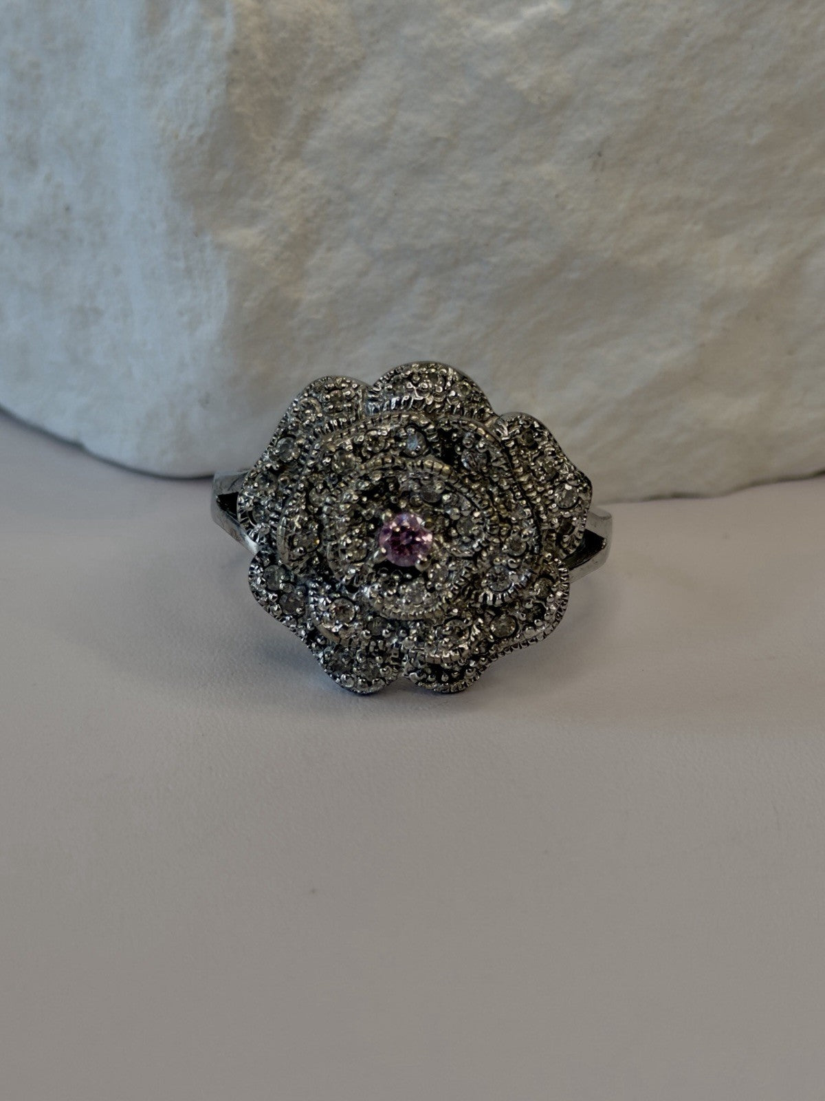 Sparkling Floral 925 Sterling Silver Pink & Clear Sapphire Stones Ring Size 11