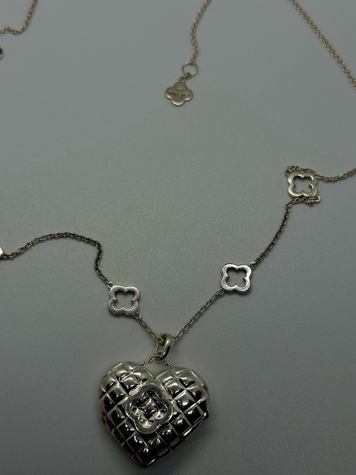 Heidi Klum 925 Sterling Silver Heart Locket Quatrefoil Clover Station Necklace