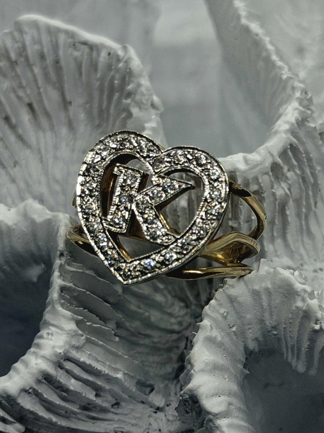 14K Yellow Gold And Diamond Letter ''K'' Heart Ring Size 8.25 Cocktail Estate