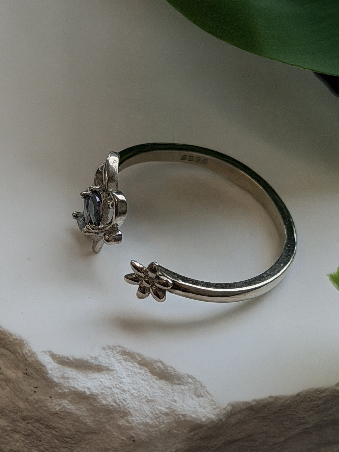 925 Sterling Silver Mystic Topaz Butterfly & Flower Ring Adjustable