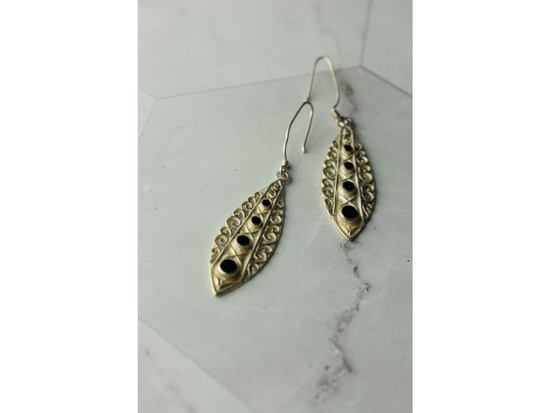 Vintage 925 Sterling Silver Black Agate Earrings