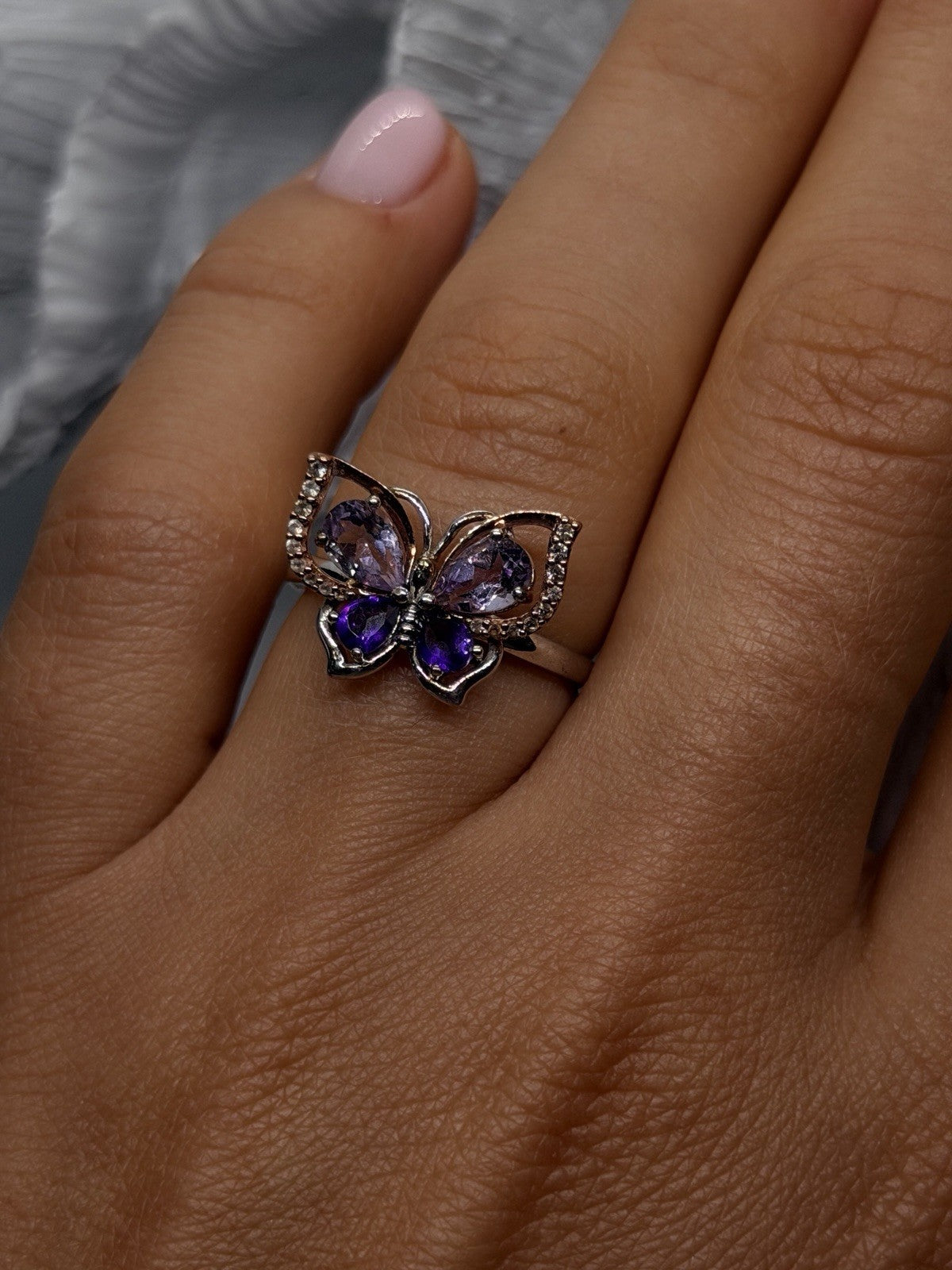 Butterfly 925 Sterling Silver 10K Rose Gold Amethyst  Iolite  Beryl Ring Size 7