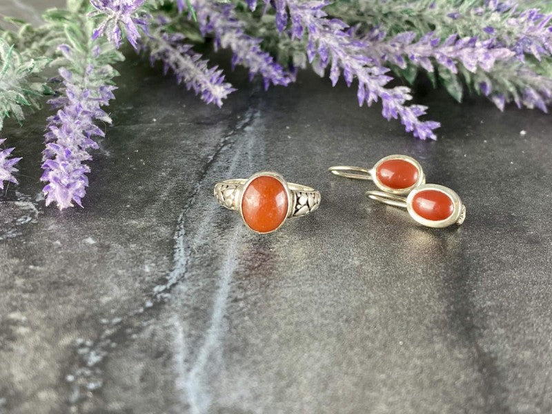 Vintage 925 Sterling Silver Dark Orange Jadeite Set