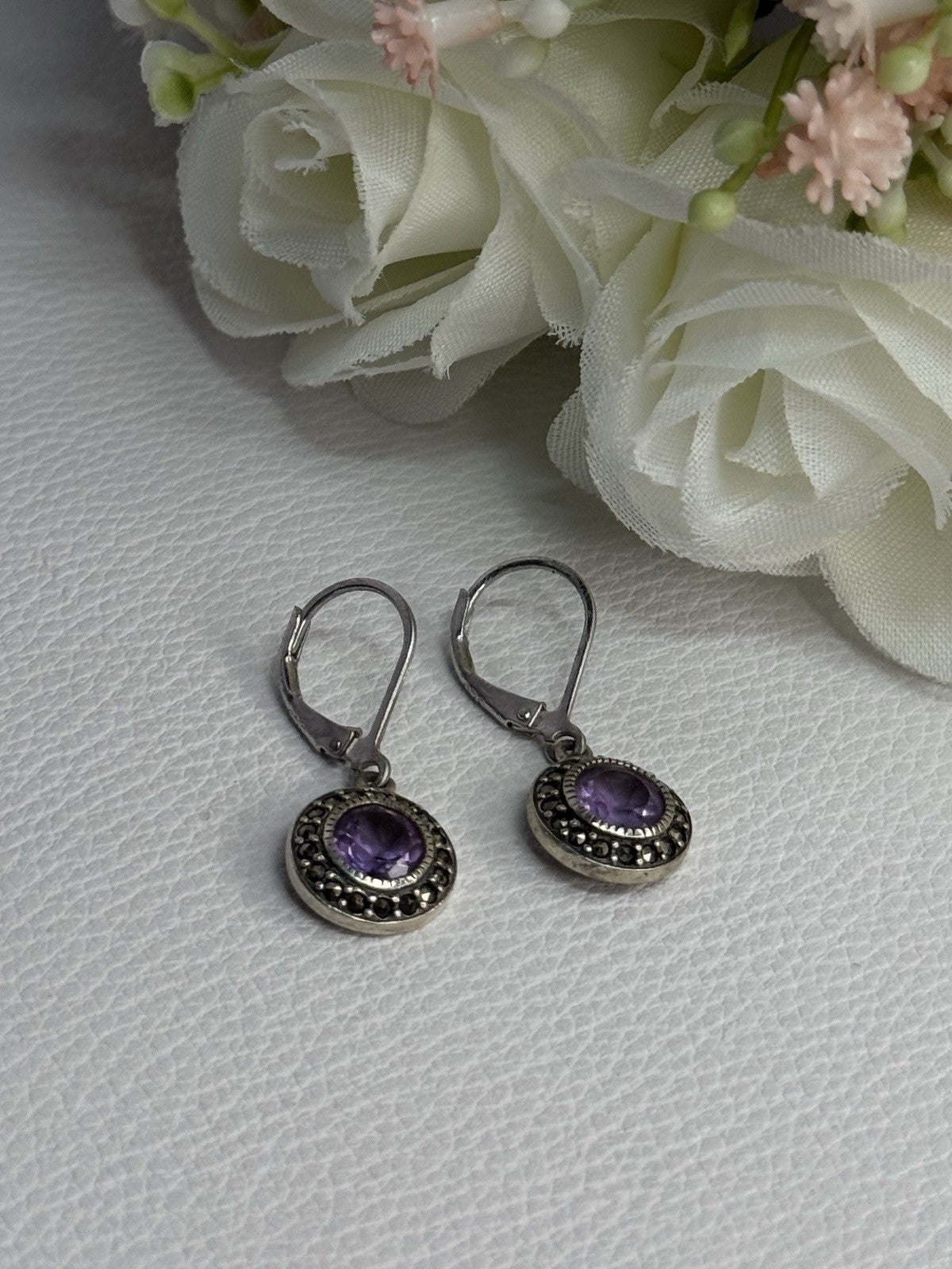 925 Sterling Silver Amethyst & Marcasite Earrings Length 1.12 Inch