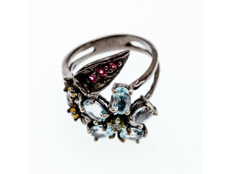 925 Blackened Silver Topaz, Garnet, Peridot & Opal Ring Size 8