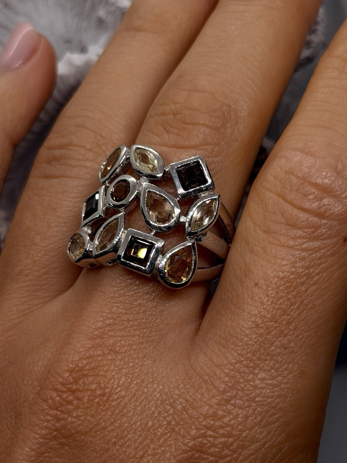 925 Sterling Silver Citrine and Smoky Quartz Color Stones Wide Band Ring Size 9