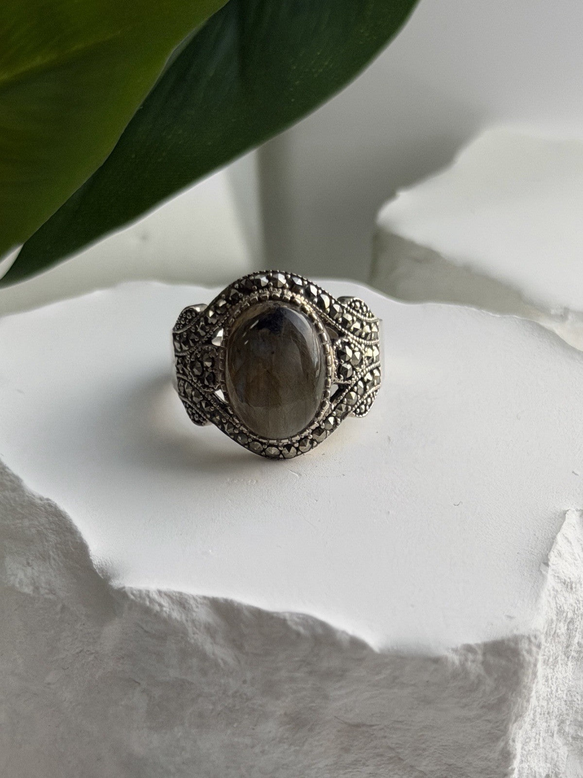 925 Sterling Silver Labradorite & Marcasite Ring Size 10