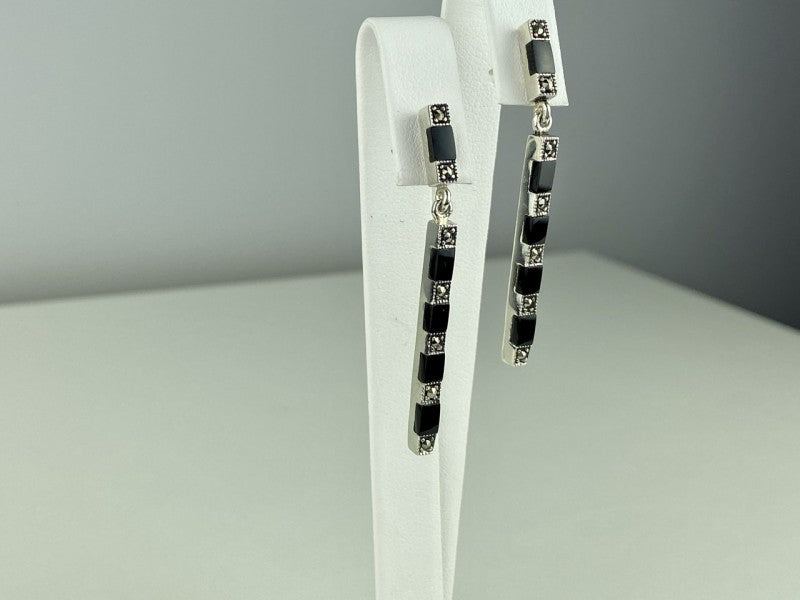 925 Sterling Silver Black Nephrite & Marcasites Earrings